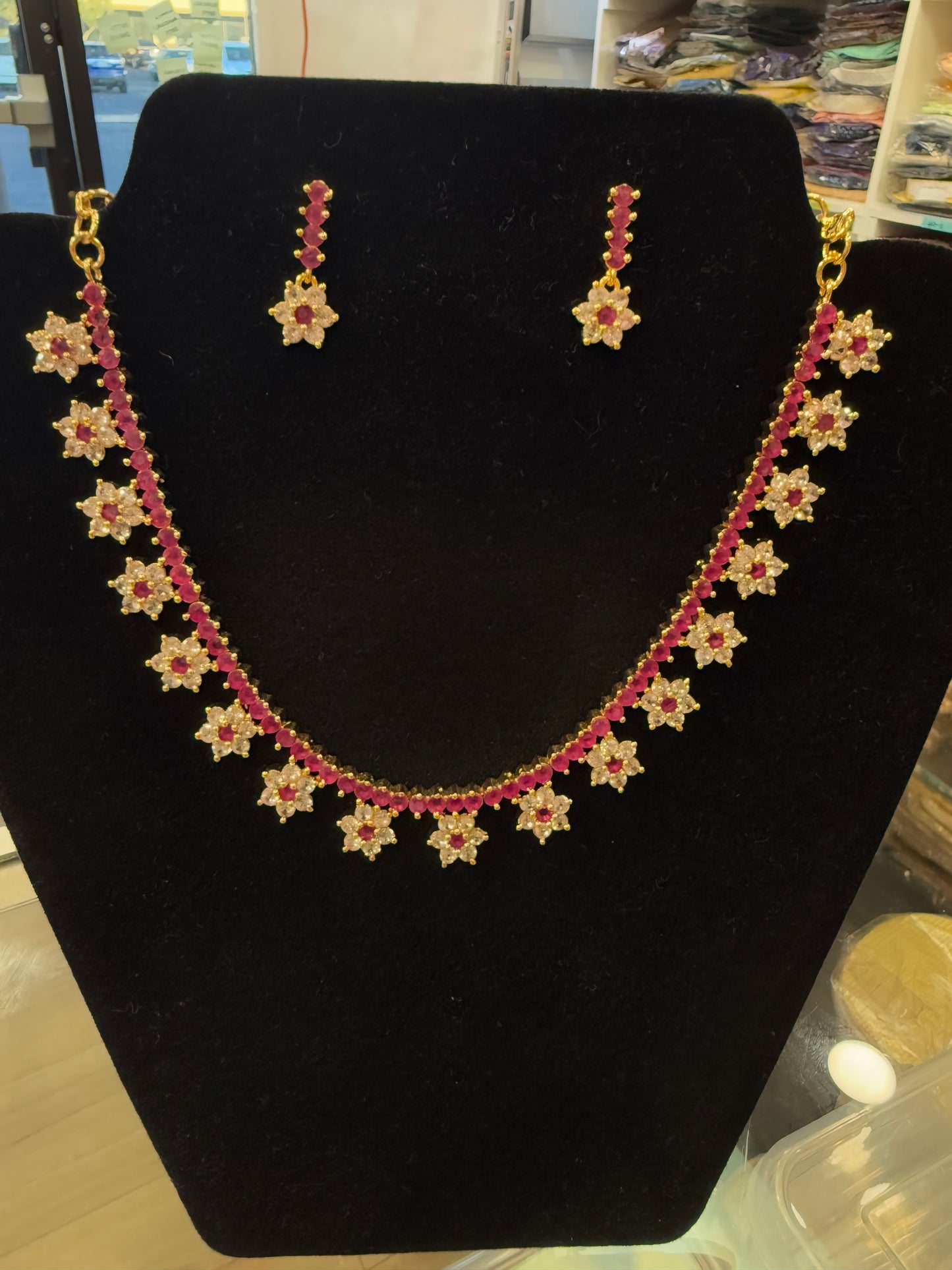 Attractive American Diamond Pink And White Flower Designs Necklace With Earrings