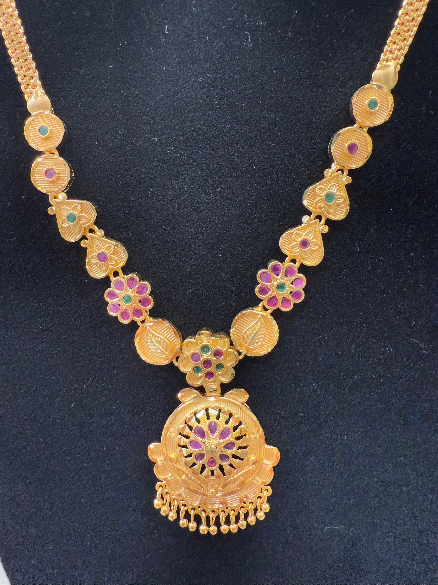 Beautiful Gold Plated Maroon And Green Color Stoned Necklace With Tear Drops