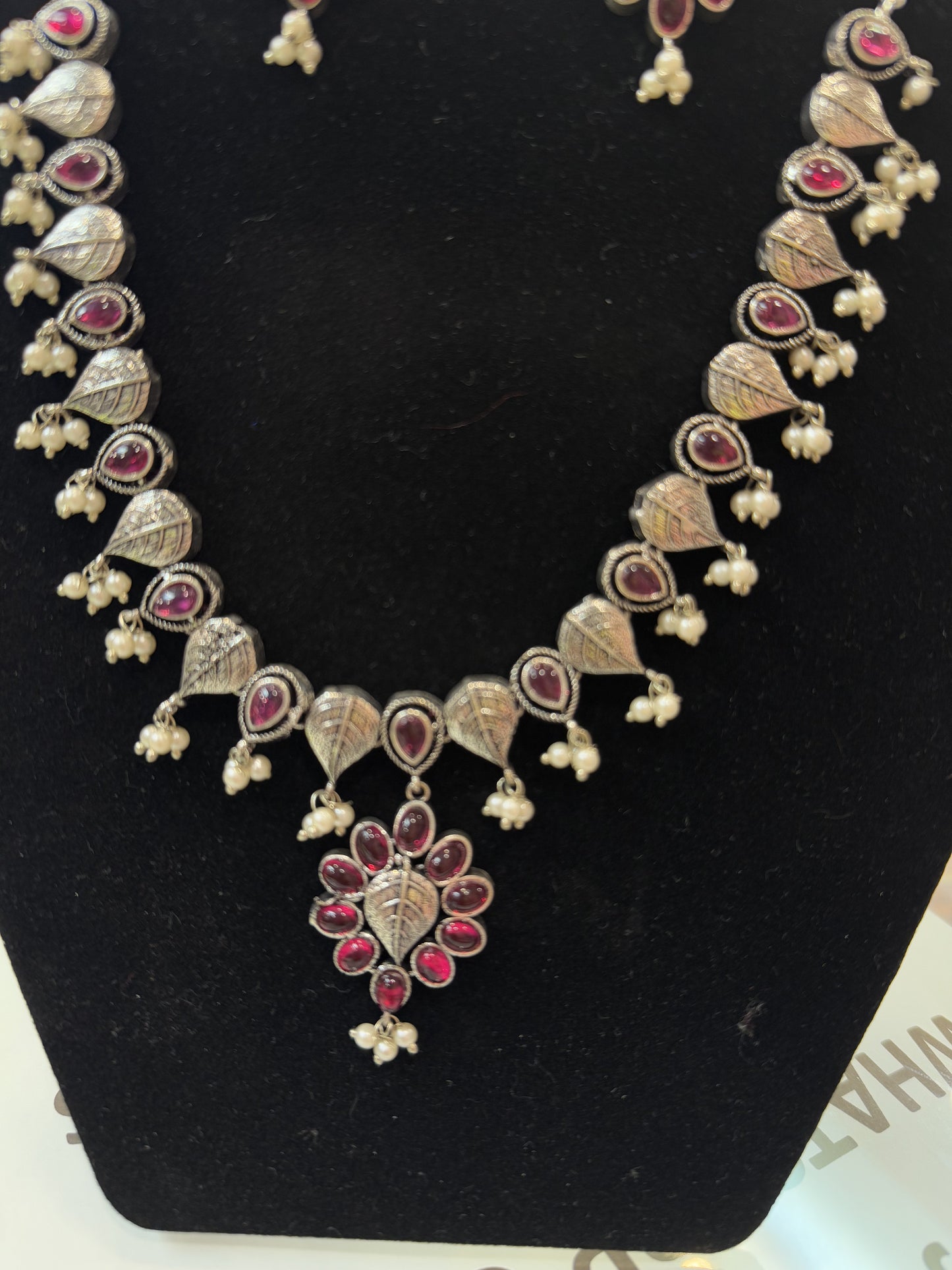 Alluring Hot Pink Floral Designed Silver Plated oxidized Necklace Set With Earrings And Pearl Beads