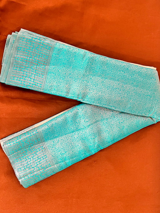 Attractive Teal Blue Color Silk Saree With Silver Design And Pallu