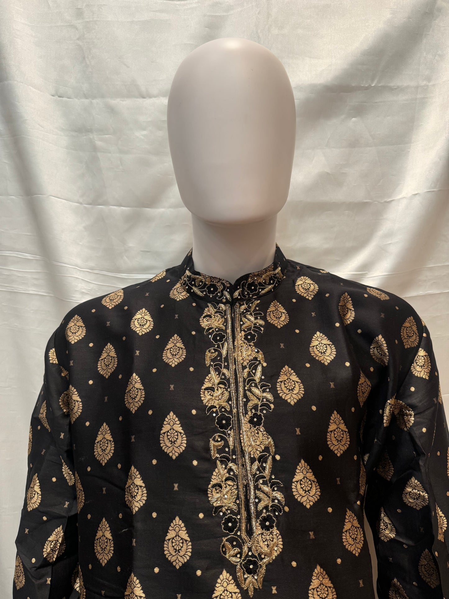 Attractive Black Color Handcrafted Zardozi Work With Small Paisley Designed Men's Brocade Kurta Suits