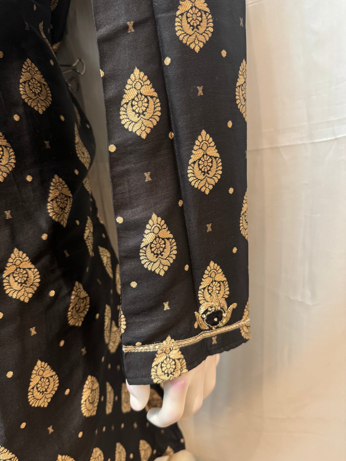 Attractive Black Color Handcrafted Zardozi Work With Small Paisley Designed Men's Brocade Kurta Suits