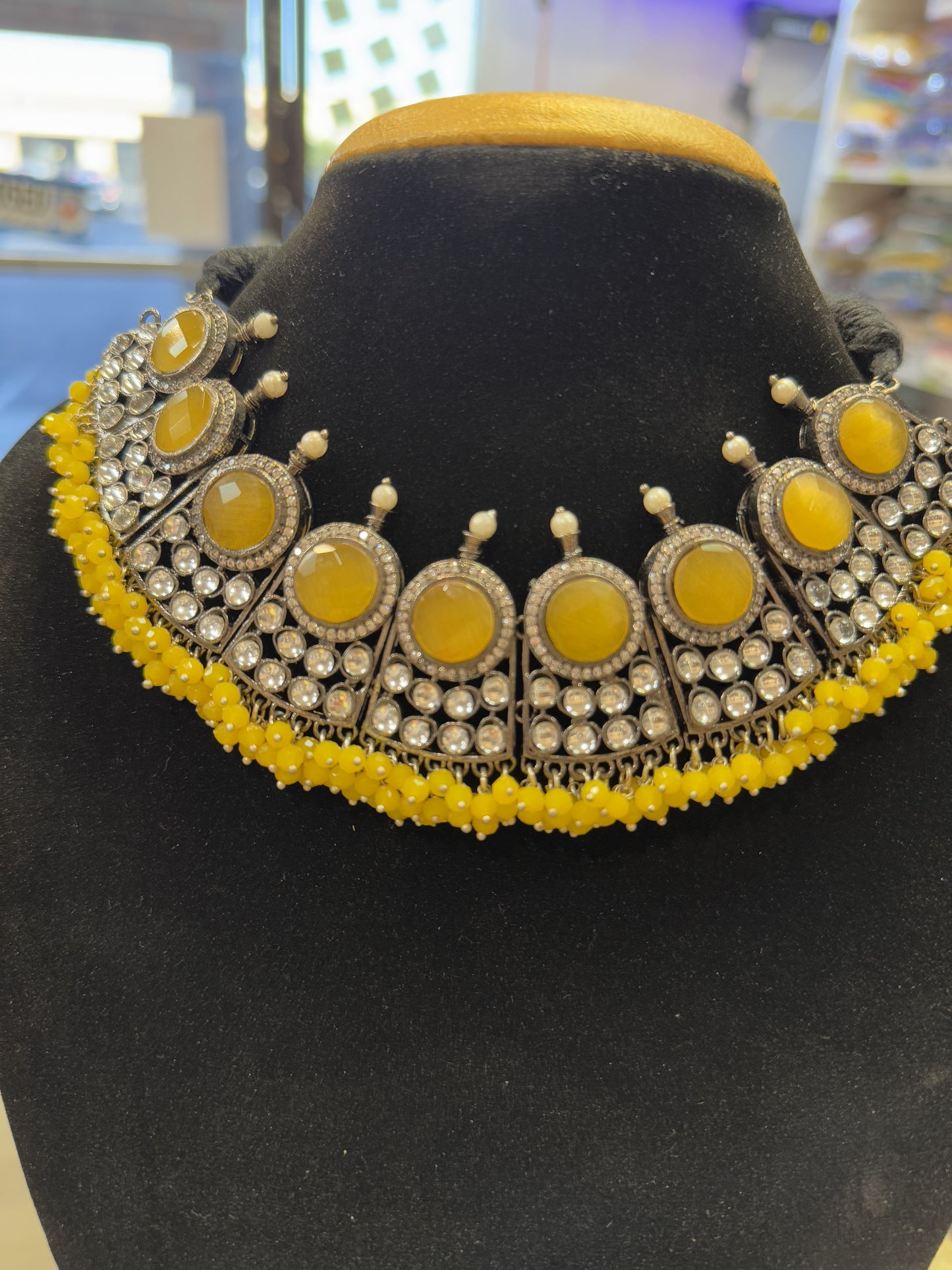 Amazing Yellow Stone Studded German Silver Oxidized Necklace And Earrings Near Me
