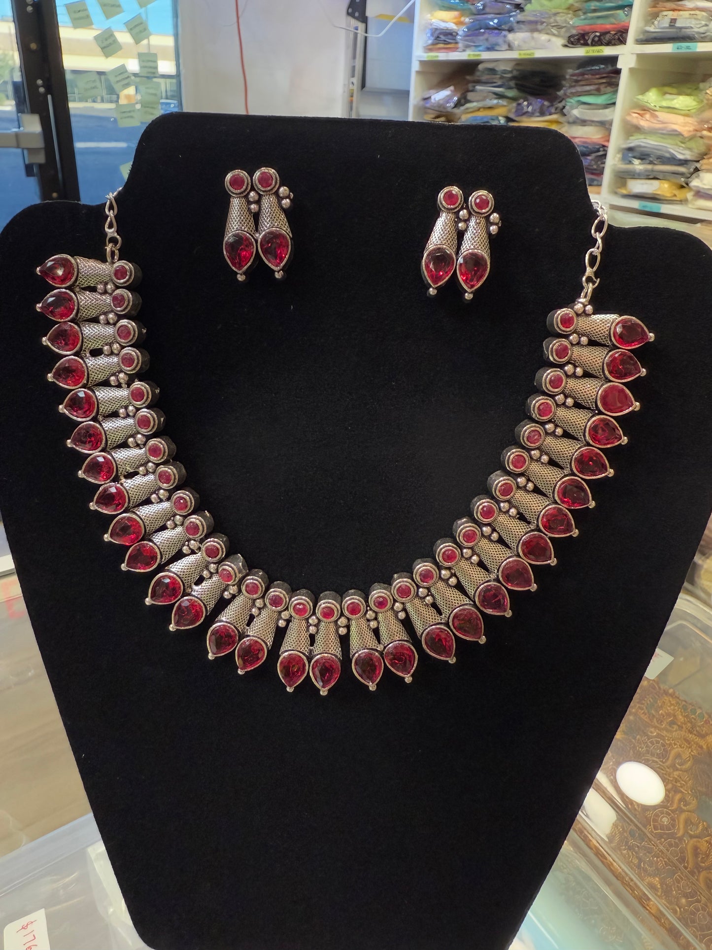 Alluring Magenta  Color Studded Design Silver Toned Oxidized Necklace Set With Earrings