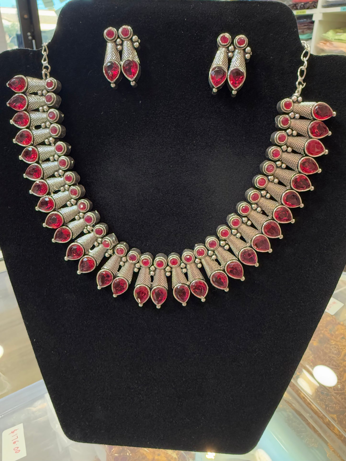 Alluring Magenta  Color Studded Design Silver Toned Oxidized Necklace Set With Earrings