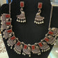 Amazing Maroon Stone Studded German Silver Plated Oxidized Necklace Set With Earrings And Pearl Beads