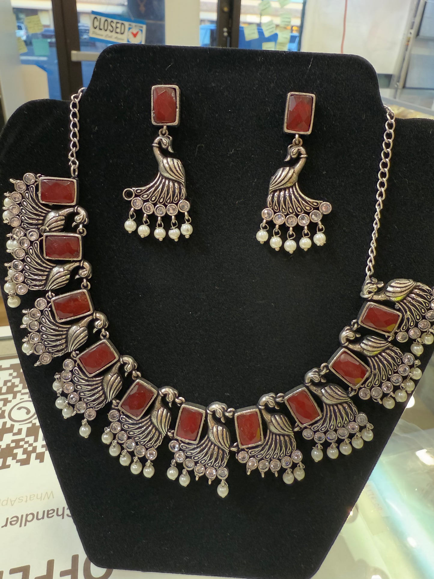 Amazing Maroon Stone Studded German Silver Plated Oxidized Necklace Set With Earrings And Pearl Beads