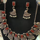 Amazing Maroon Stone Studded German Silver Plated Oxidized Necklace Set With Earrings And Pearl Beads