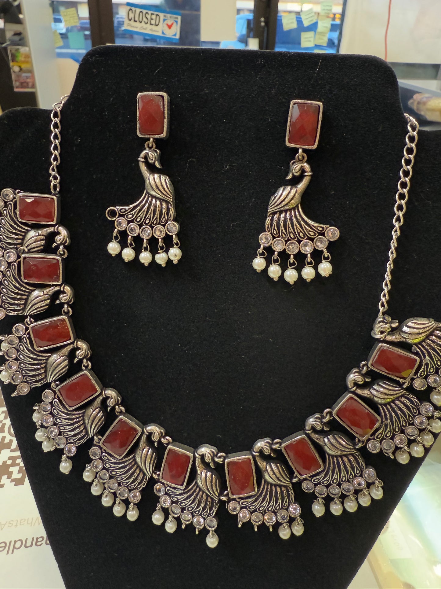 Amazing Maroon Stone Studded German Silver Plated Oxidized Necklace Set With Earrings And Pearl Beads