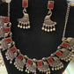 Amazing Maroon Stone Studded German Silver Plated Oxidized Necklace Set With Earrings And Pearl Beads