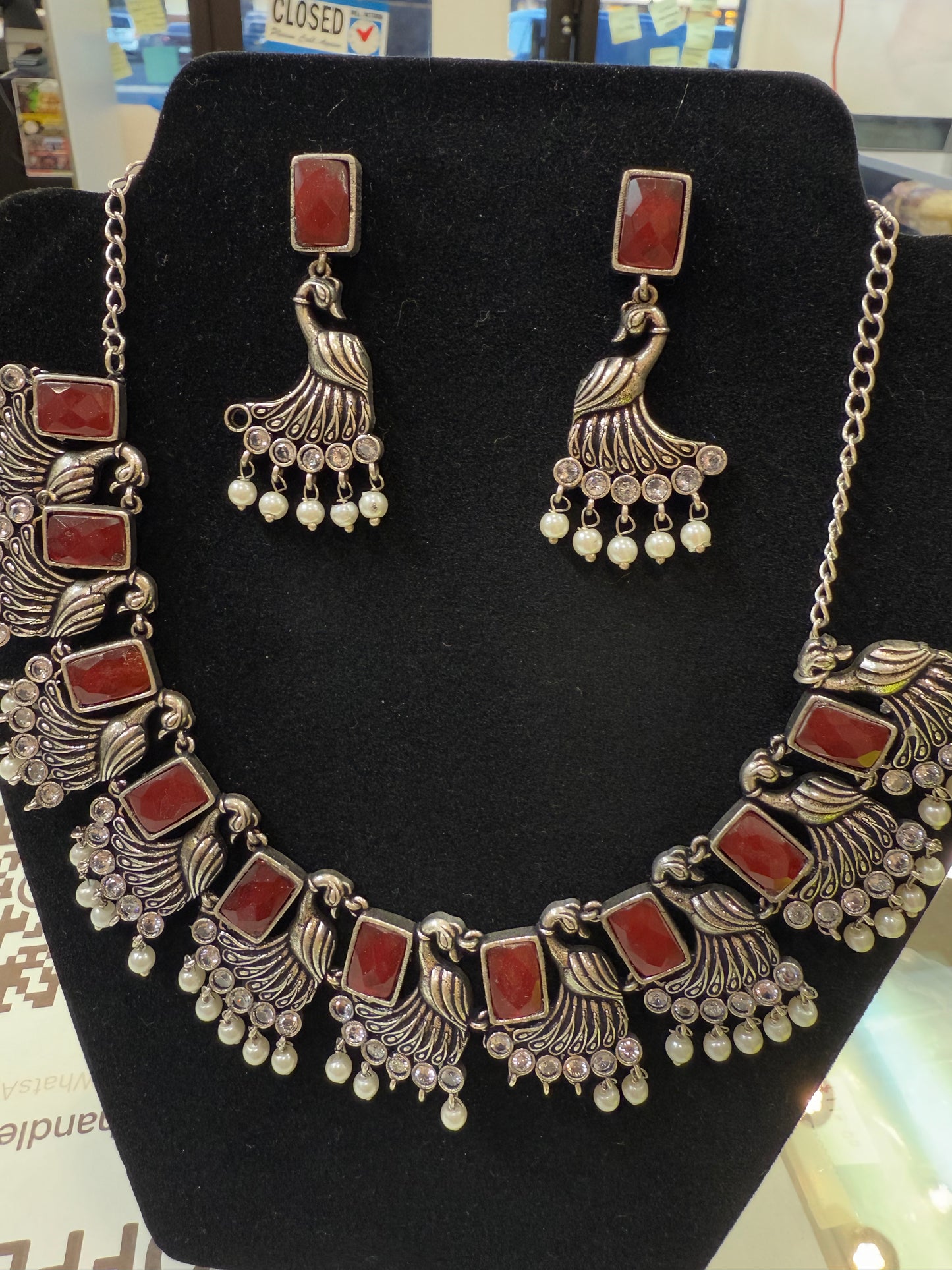 Amazing Maroon Stone Studded German Silver Plated Oxidized Necklace Set With Earrings And Pearl Beads