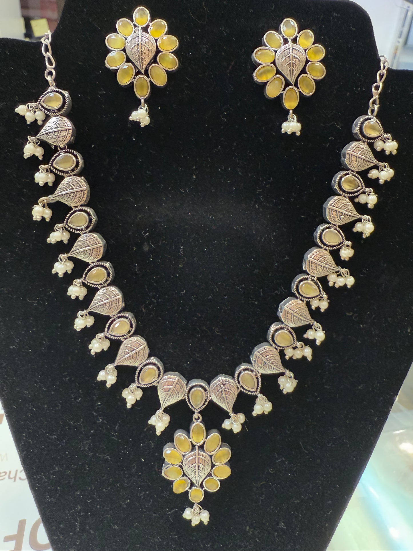 Attractive Light Yellow Color Silver Plated Oxidized Necklace With Pearl Drop Earrings