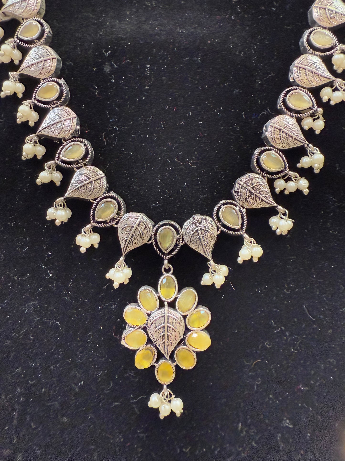 Attractive Light Yellow Color Silver Plated Oxidized Necklace With Pearl Drop Earrings