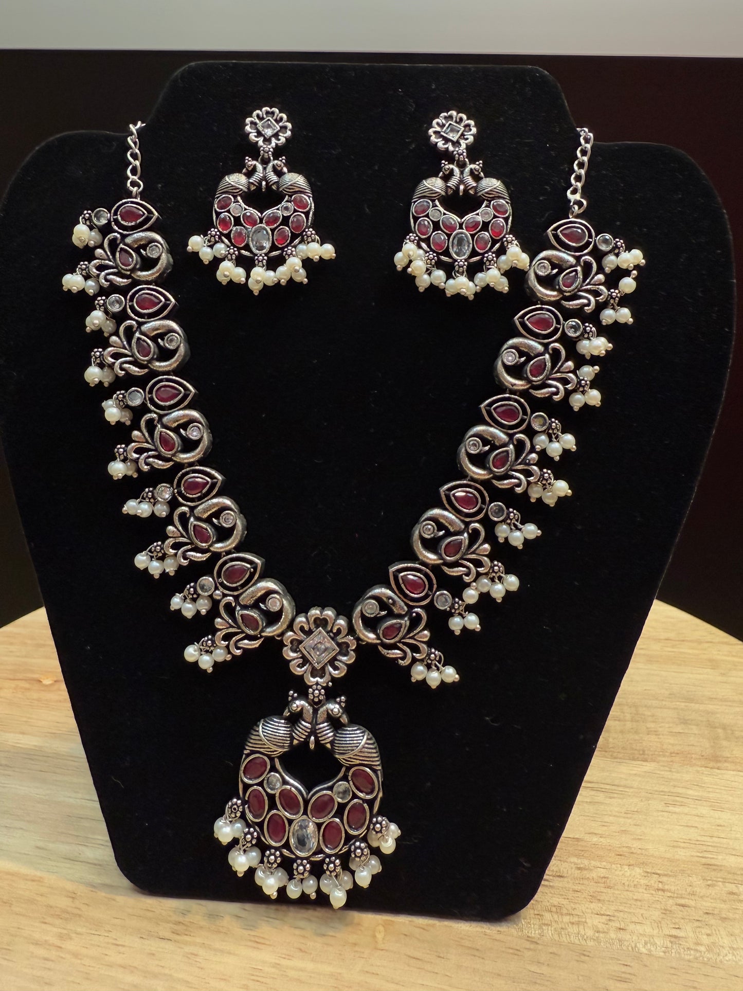 Mesmerizing Maroon Color Peacock Design Oxidized Jewelry Necklace With Earrings