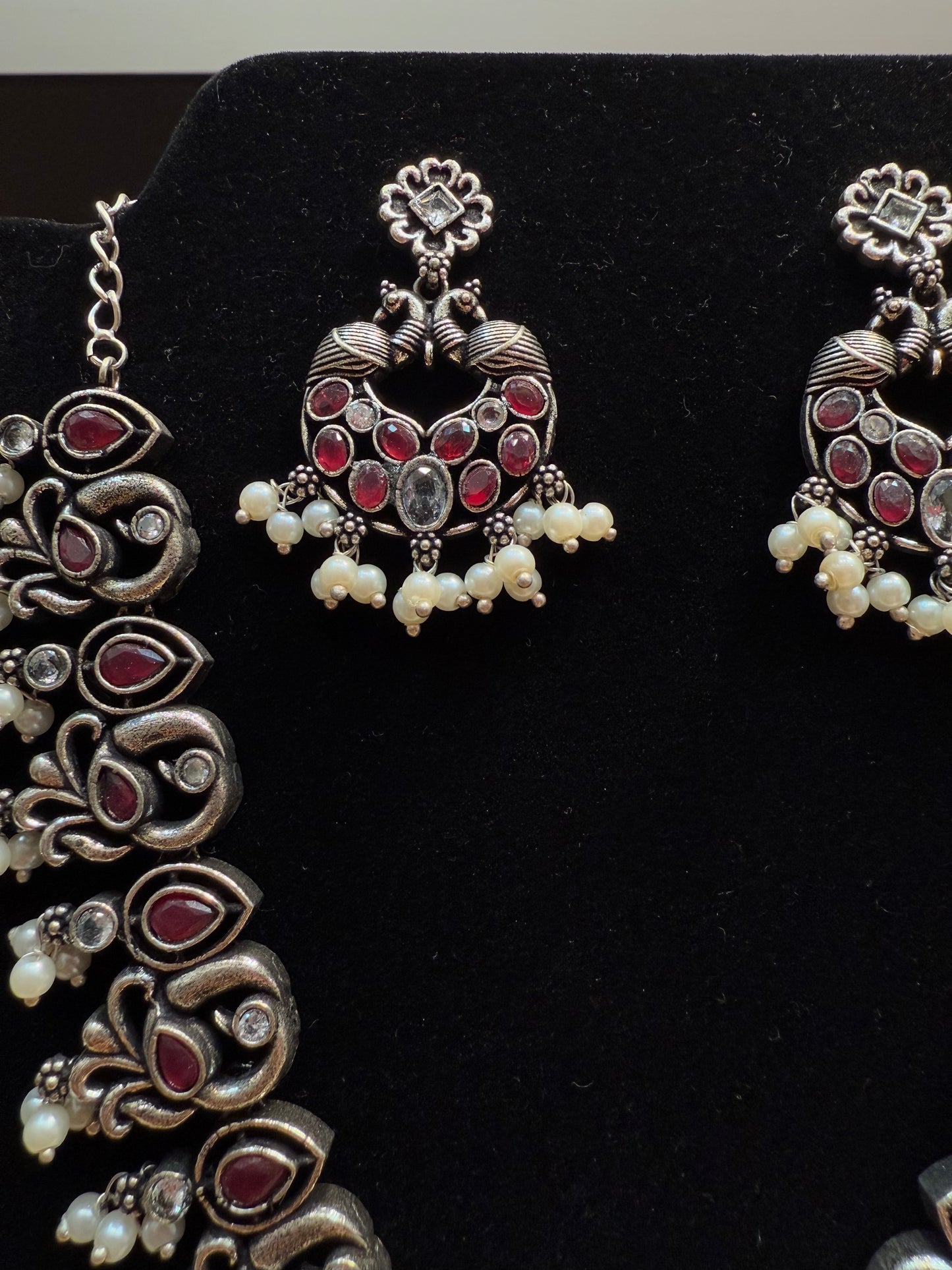 Mesmerizing Maroon Color Peacock Design Oxidized Jewelry Necklace With Earrings