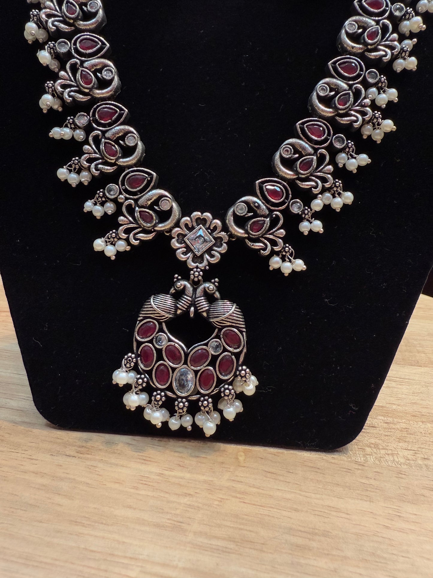 Mesmerizing Maroon Color Peacock Design Oxidized Jewelry Necklace With Earrings