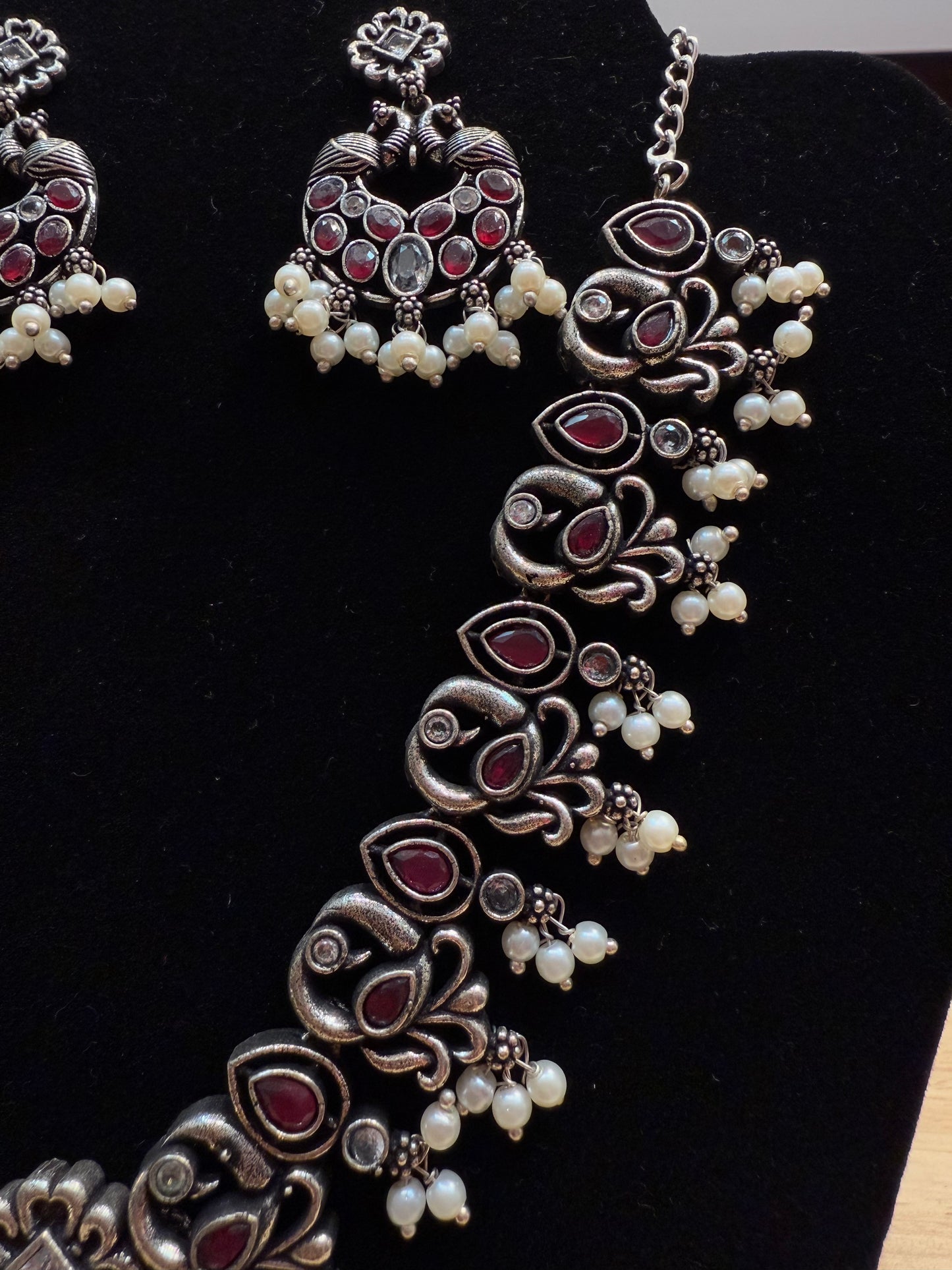 Mesmerizing Maroon Color Peacock Design Oxidized Jewelry Necklace With Earrings