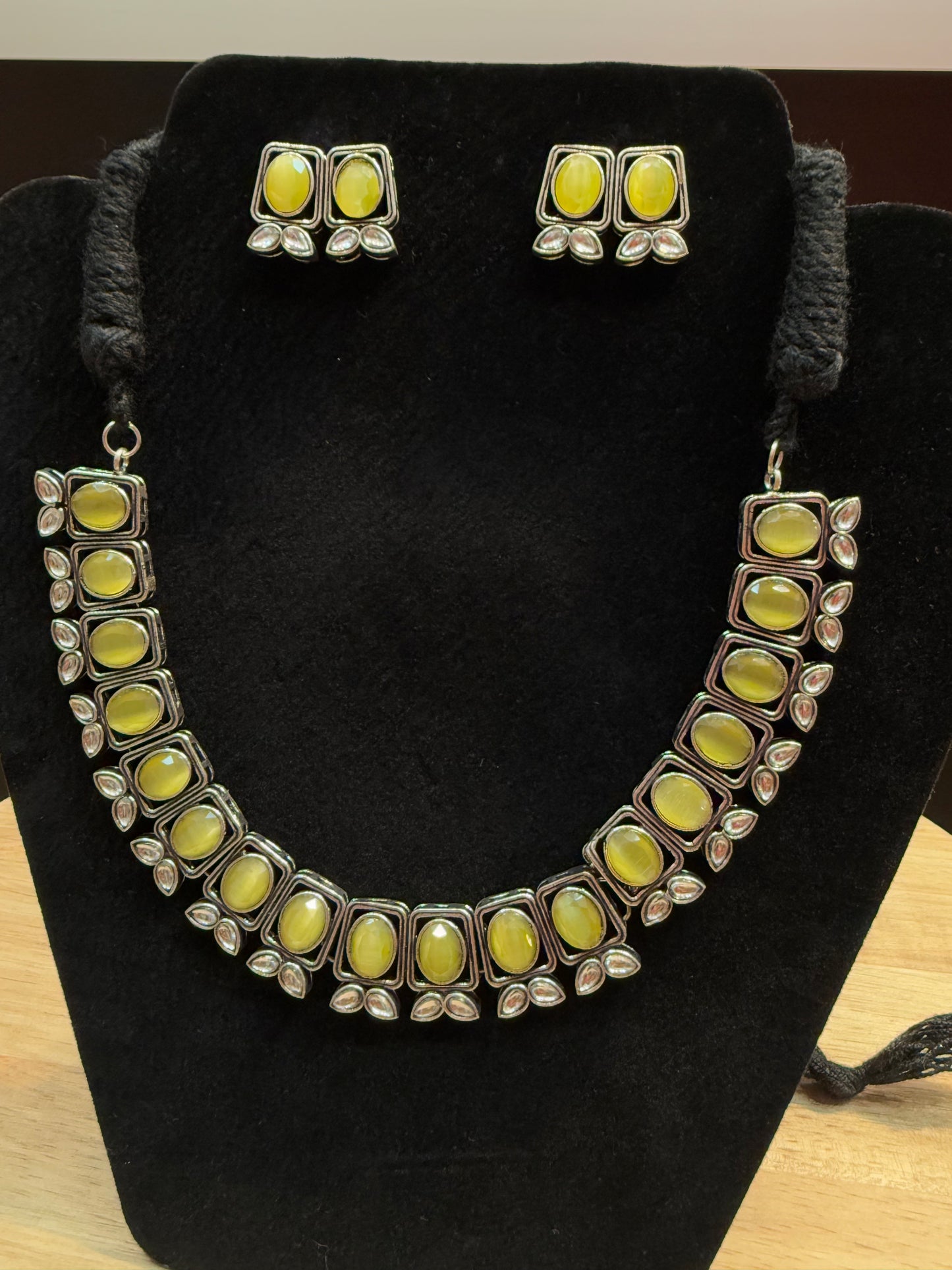 Beautiful Yellow Color With Silver Stone Fancy Oxidized Necklace With Earrings