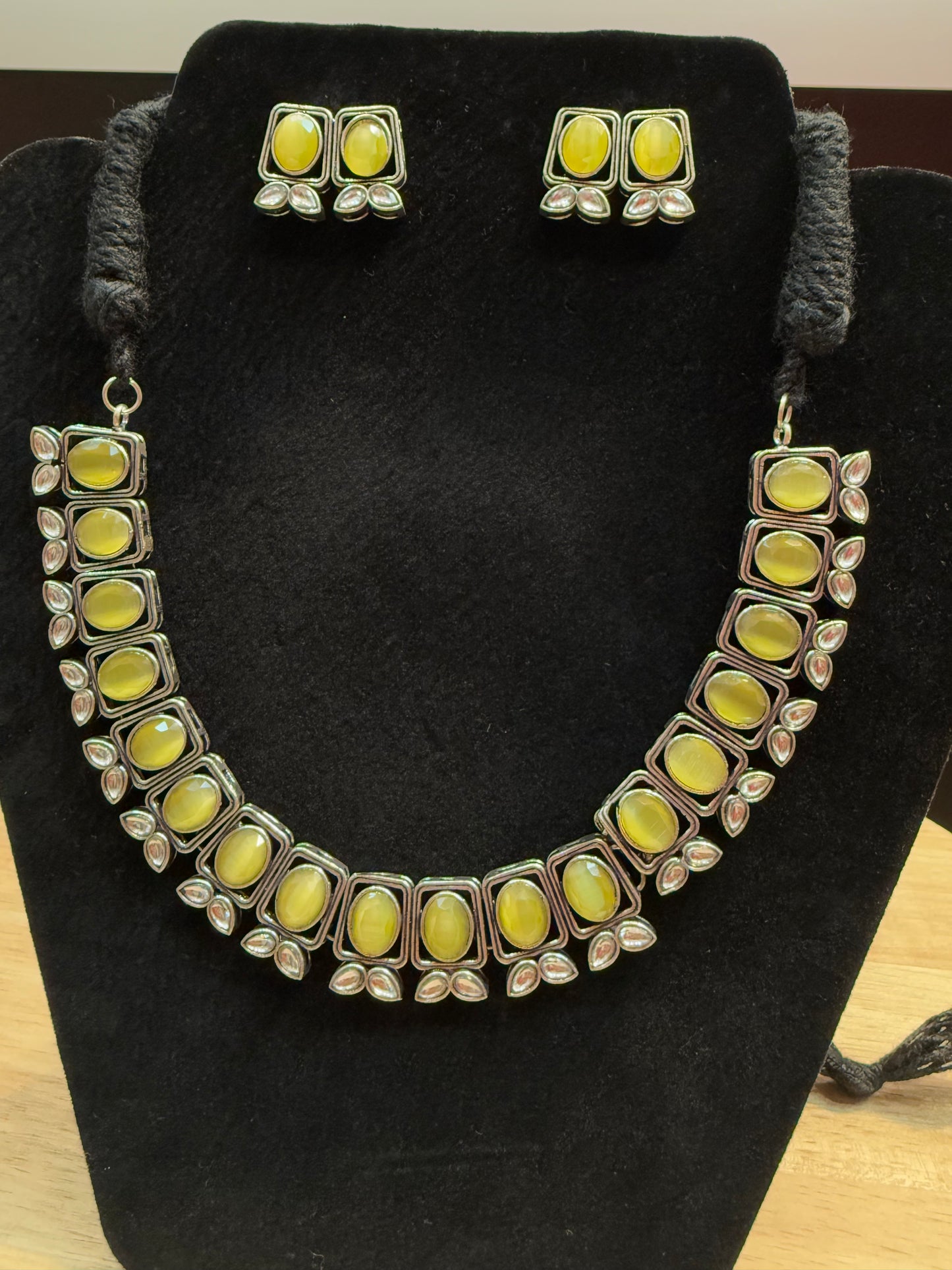 Beautiful Yellow Color With Silver Stone Fancy Oxidized Necklace With Earrings