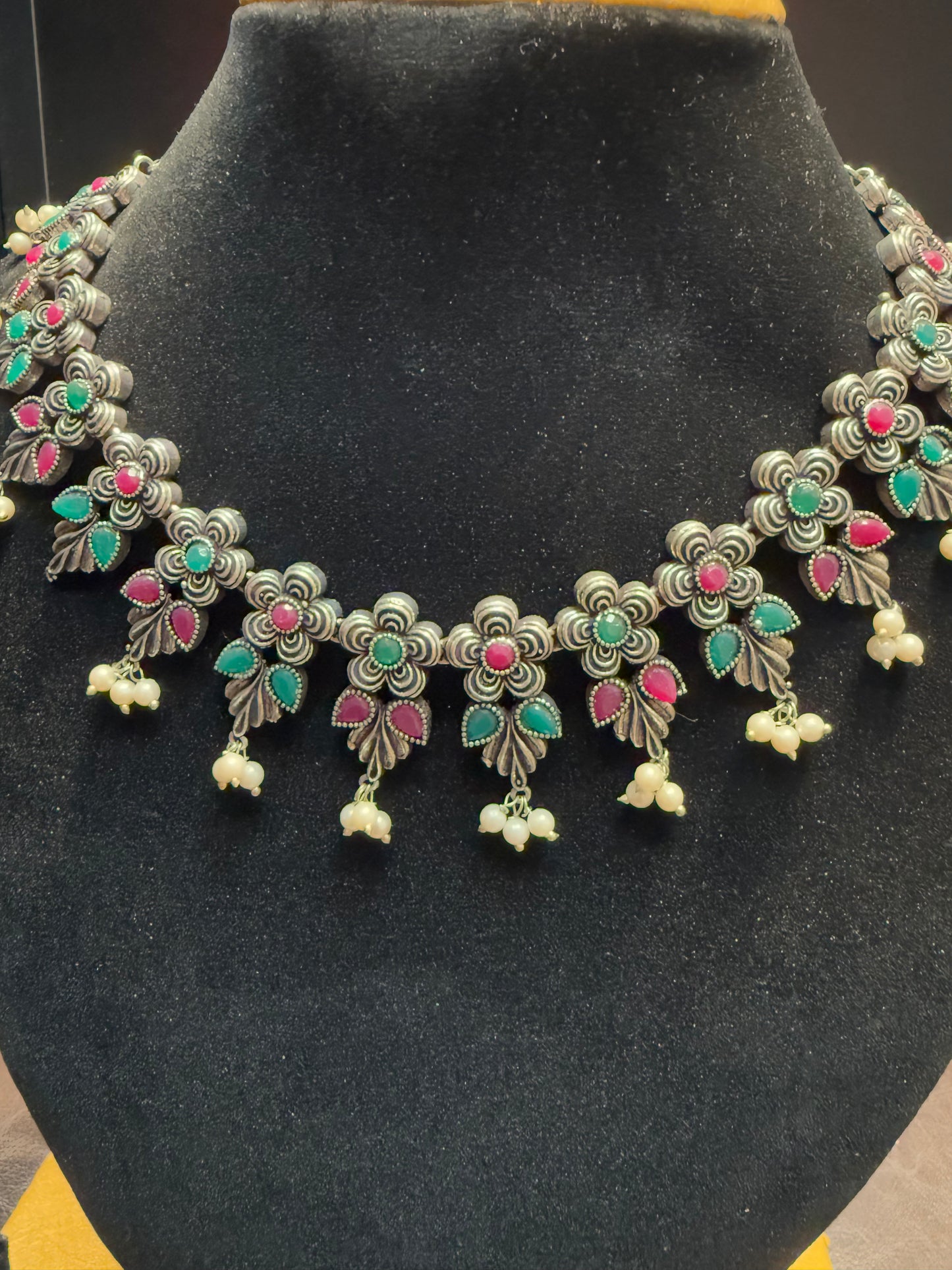 Trendy Multicolor Stone With Flower Designed Silver Plated Oxidized Necklace Set With Earrings