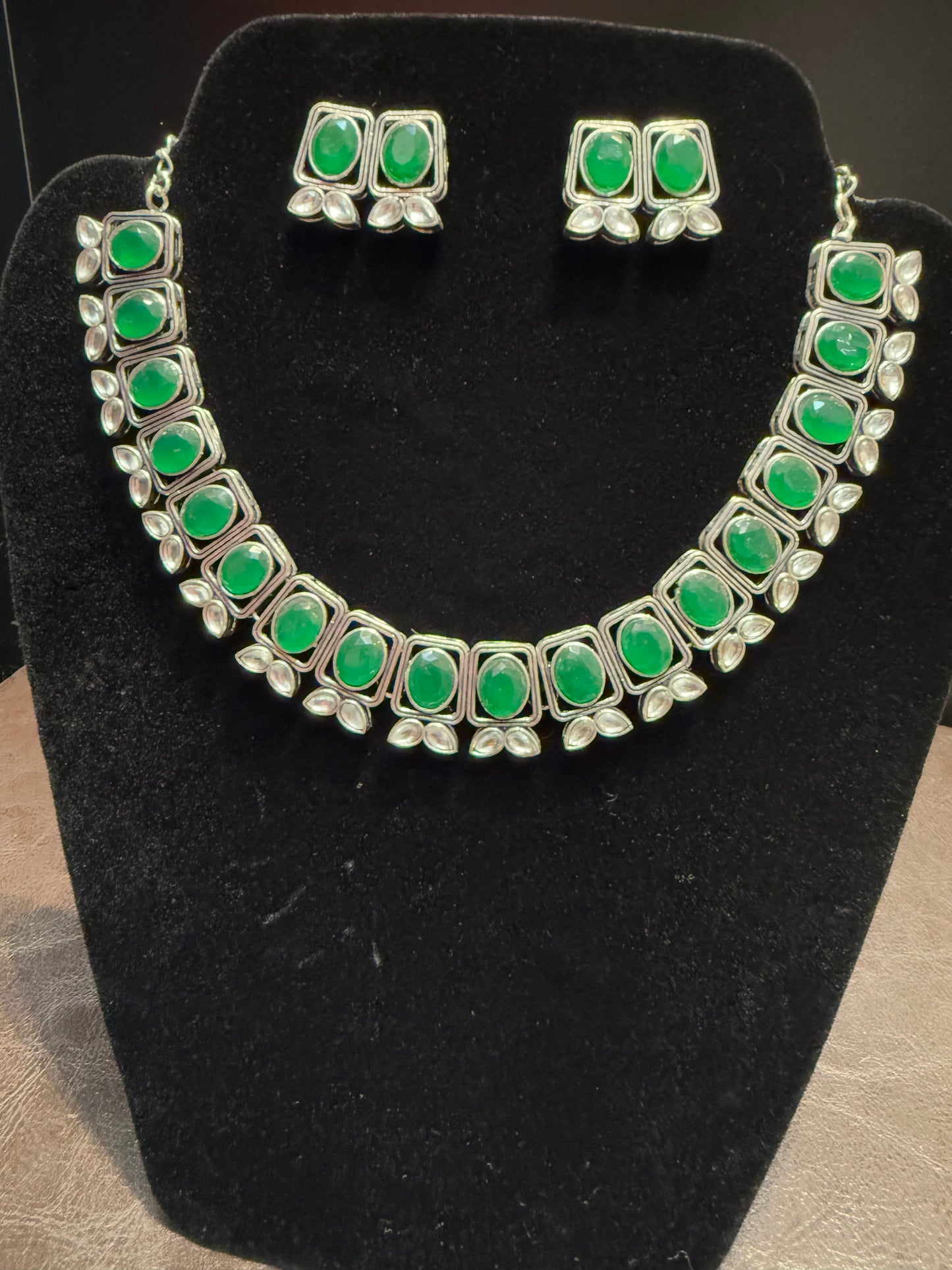 Beautiful Green Color With Silver Stone Fancy Oxidized Necklace With Earrings