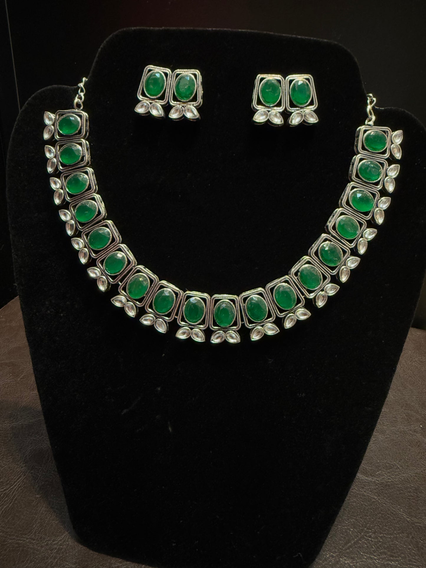 Beautiful Green Color With Silver Stone Fancy Oxidized Necklace With Earrings