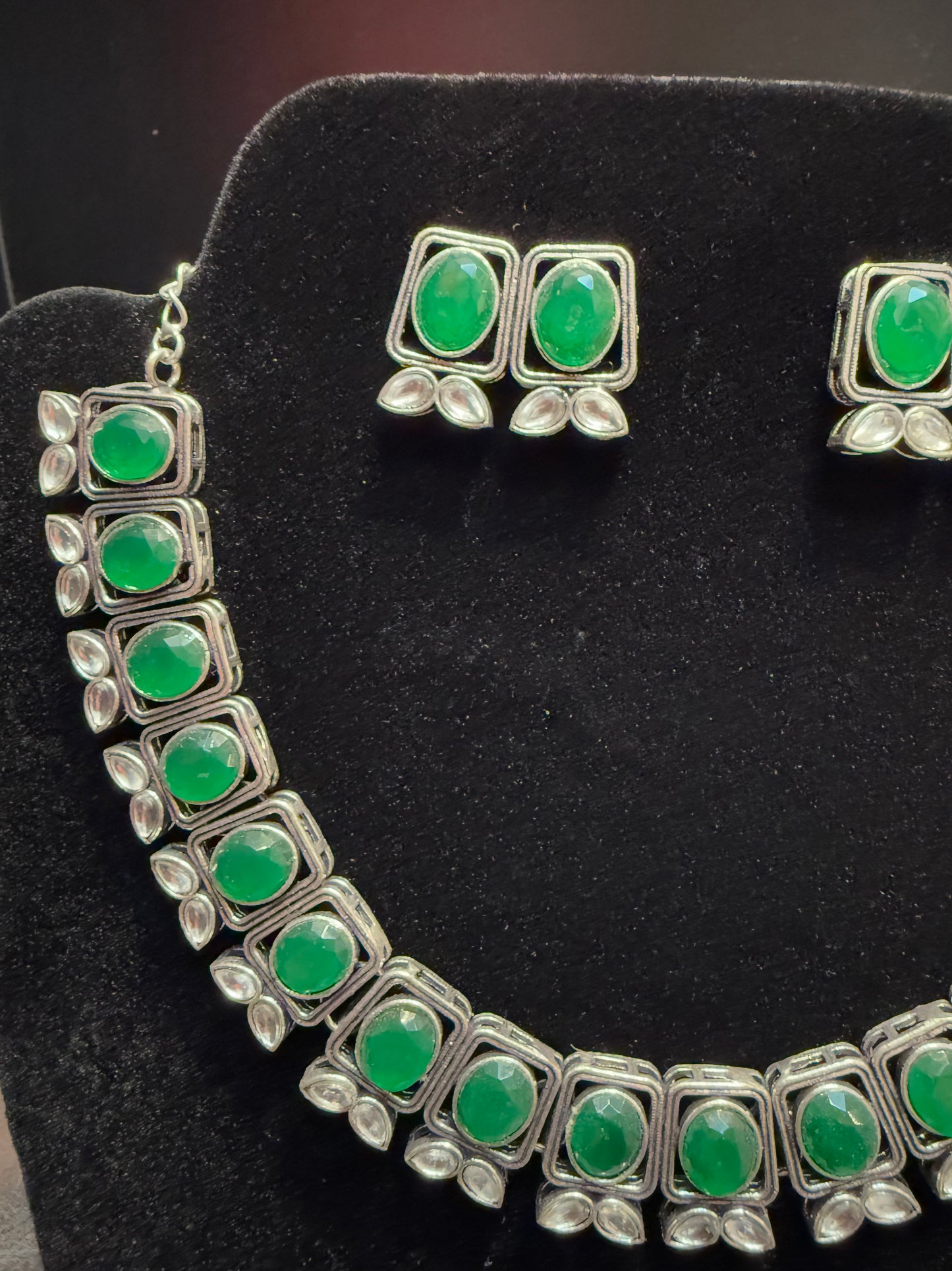 Beautiful Green Color With Silver Stone Fancy Oxidized Necklace With Earrings