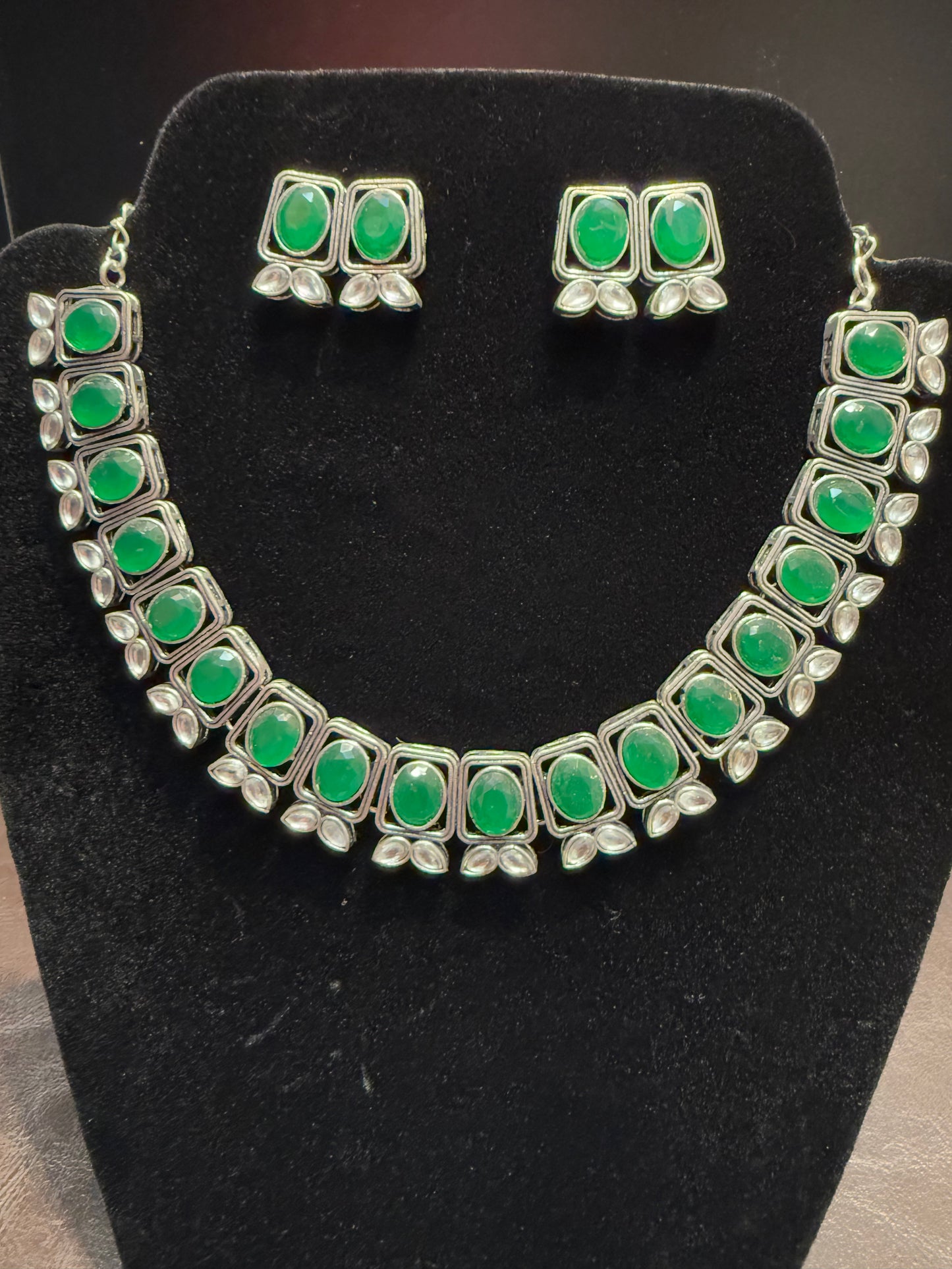 Beautiful Green Color With Silver Stone Fancy Oxidized Necklace With Earrings