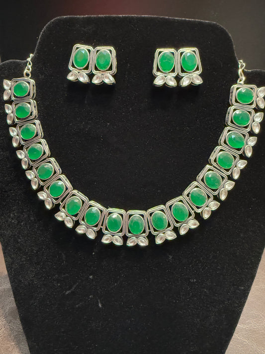 Beautiful Green Color With Silver Stone Fancy Oxidized Necklace With Earrings