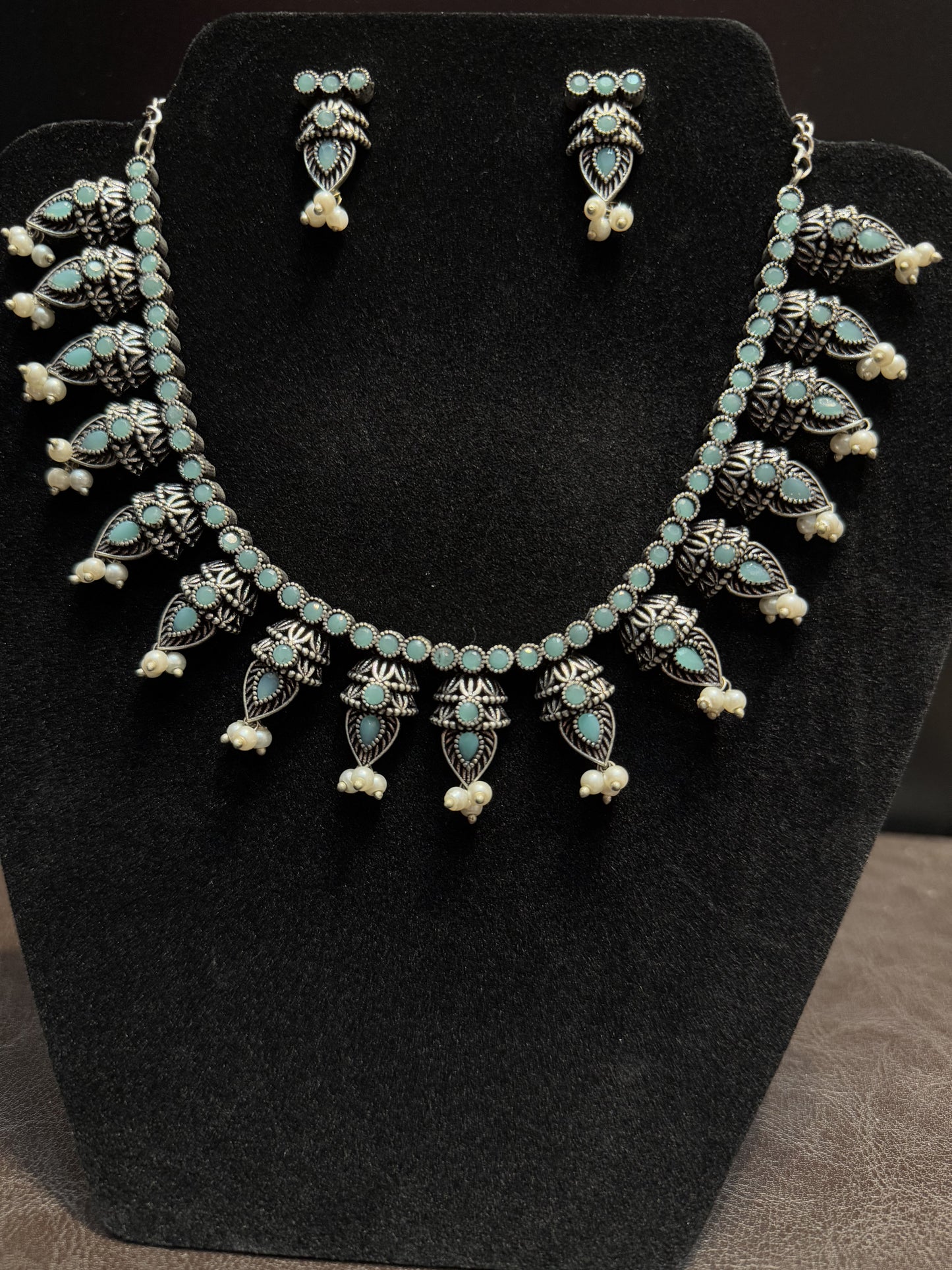 Alluring Sky Blue Stone Beaded German Silver Plated Oxidized Necklace Set With Earrings For Women