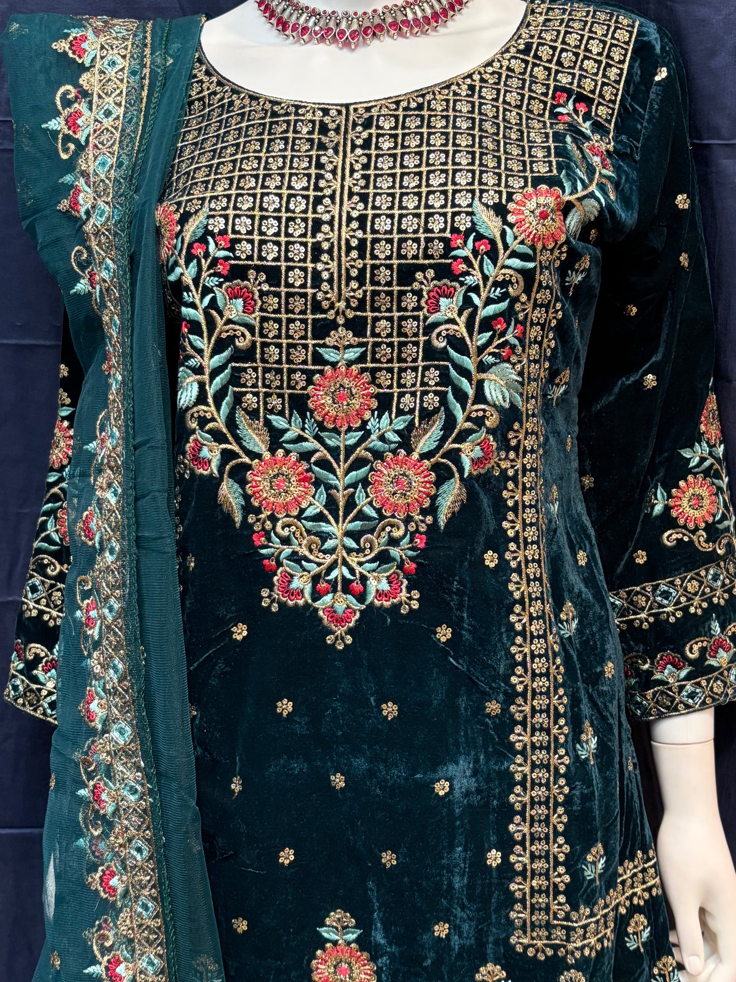 Stunning Dark Green Color Velvet With Embroidery Salwar Suits With Dupatta For Women