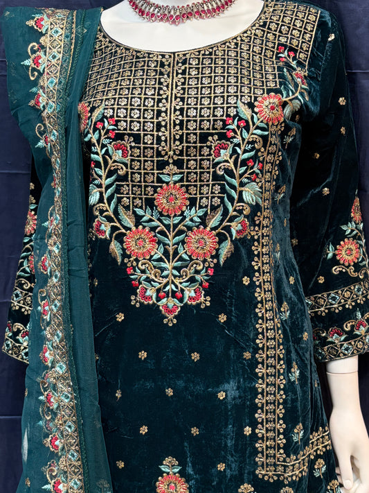 Stunning Dark Green Color Velvet With Embroidery Salwar Suits With Dupatta For Women