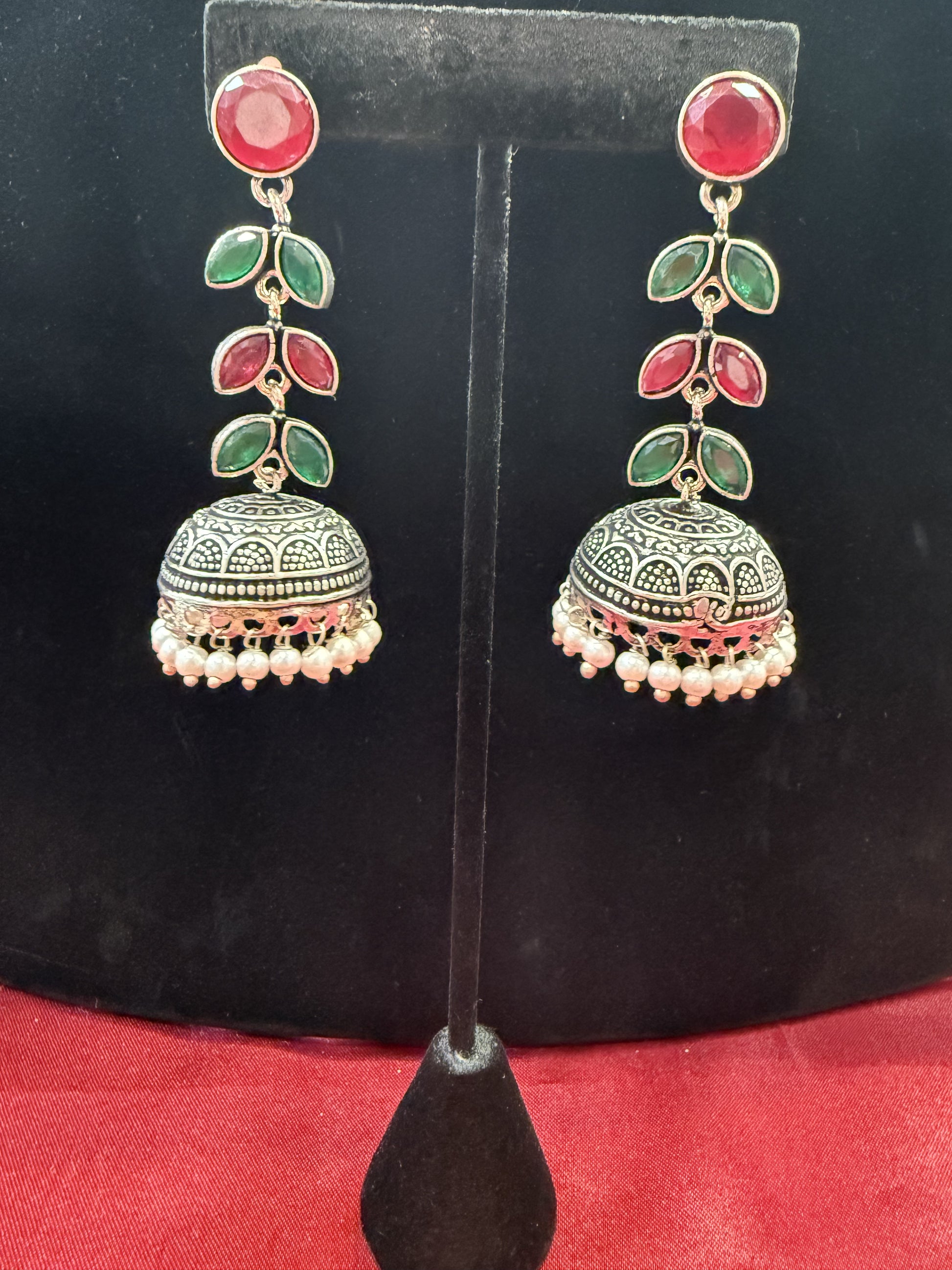 Alluring Beautiful Green And Maroon Color Oxidized Jhumka Earrings Near Me