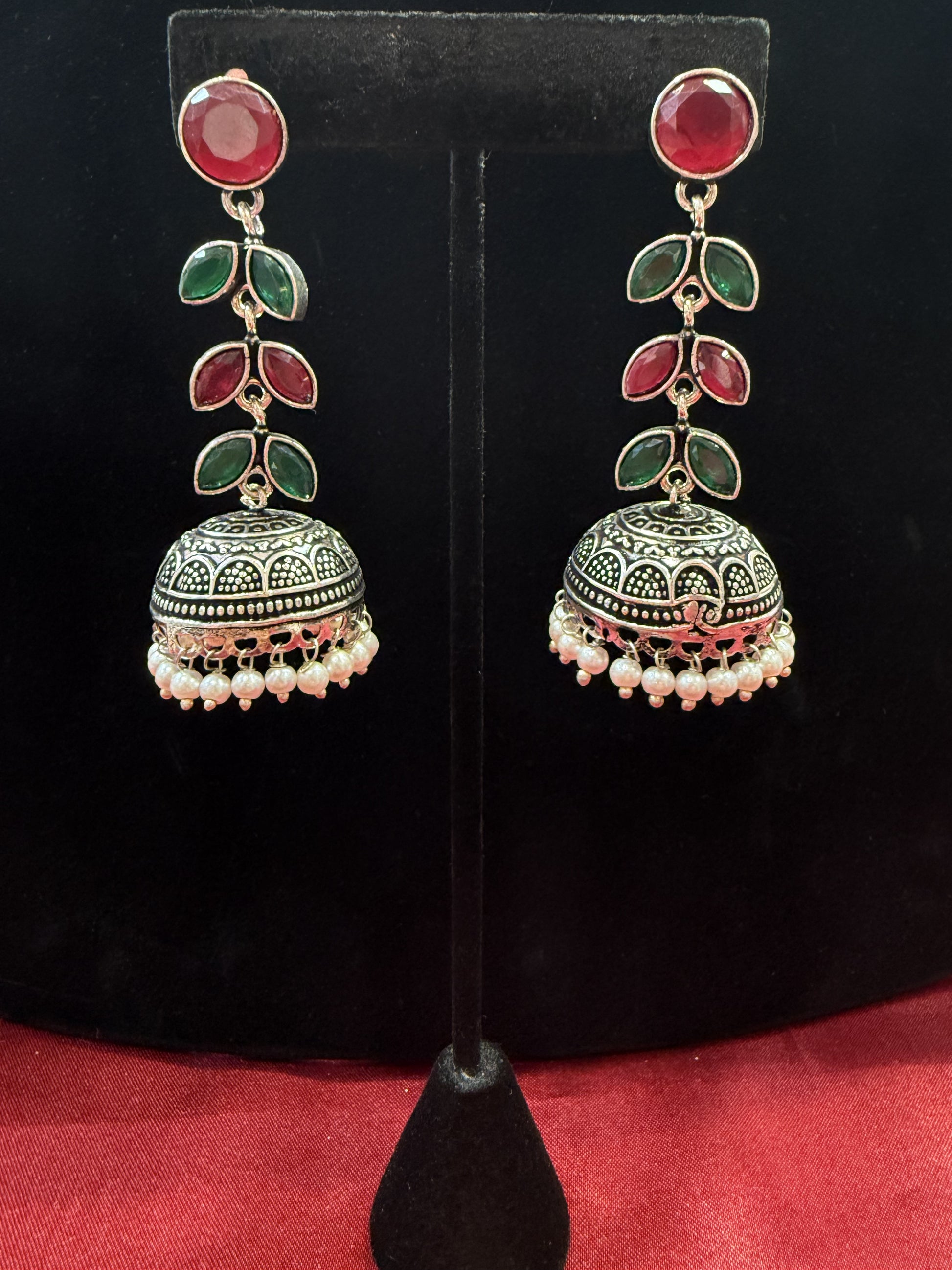 Alluring Beautiful Green And Maroon Color Oxidized Jhumka Earrings For Women