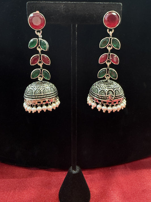 Alluring Beautiful Green And Maroon Color Oxidized Jhumka Earrings For Women