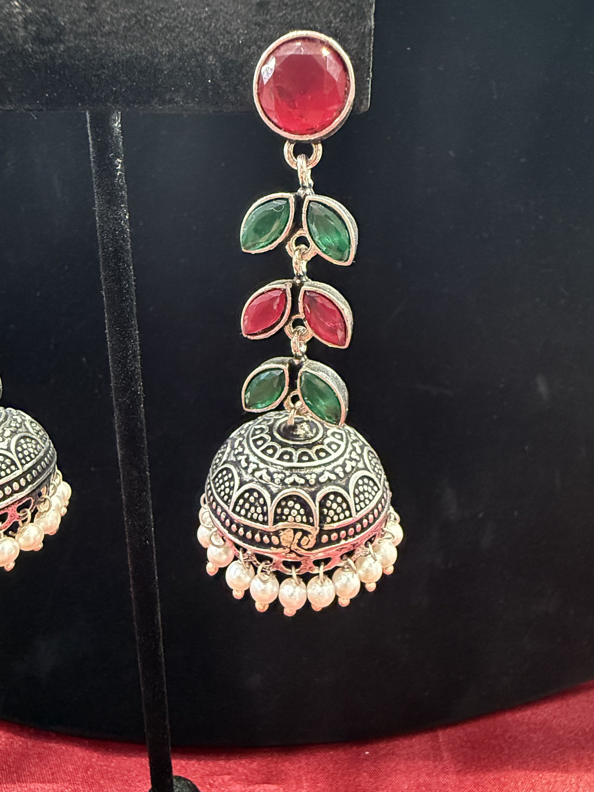 Beautiful Green And Maroon Color Oxidized Jhumka Earrings In USA