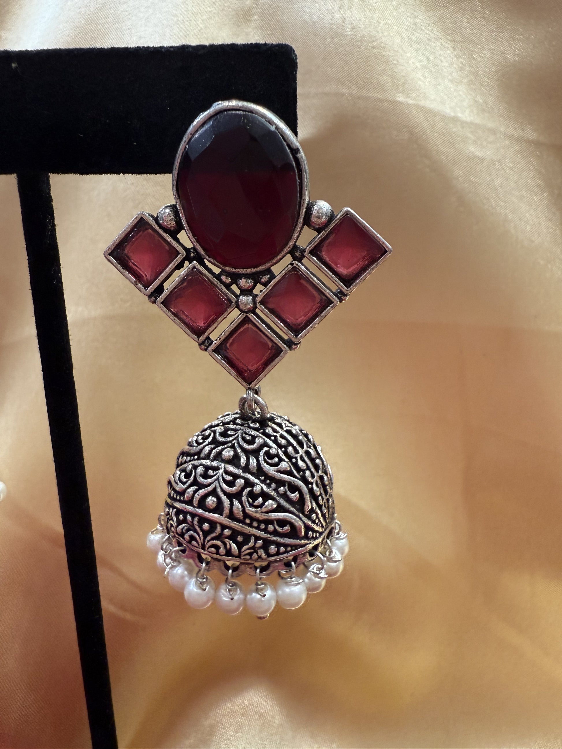 Alluring  Maroon Stone Jhumka Designer Oxidized Earrings Near Me