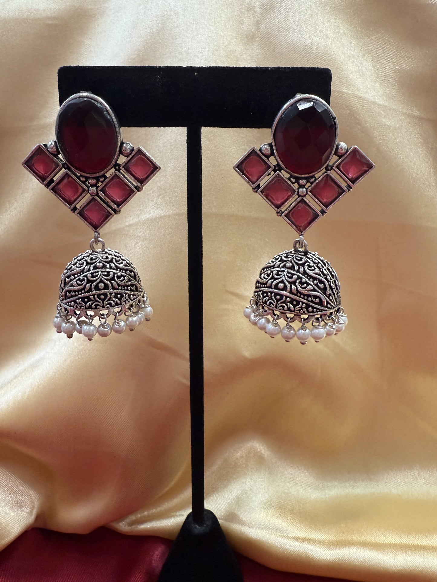 Alluring  Maroon Stone Jhumka Designer Oxidized Earrings For Women