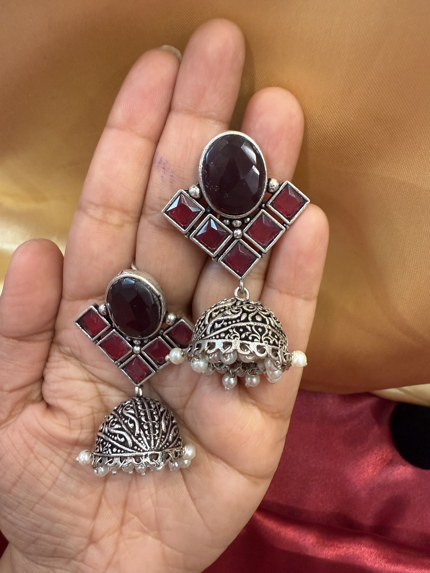 Maroon Stone Jhumka Designer Oxidized Earrings For Women In USA