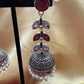 Alluring Beautiful Silver Stone And Maroon Stone Oxidized Jhumka Earrings For Women