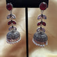 Alluring Beautiful Silver Stone And Maroon Stone Oxidized Jhumka Earrings For Women