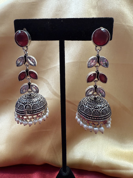 Alluring Beautiful Silver Stone And Maroon Stone Oxidized Jhumka Earrings For Women