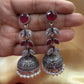 Alluring Beautiful Silver Stone And Maroon Stone Oxidized Jhumka Earrings For Women