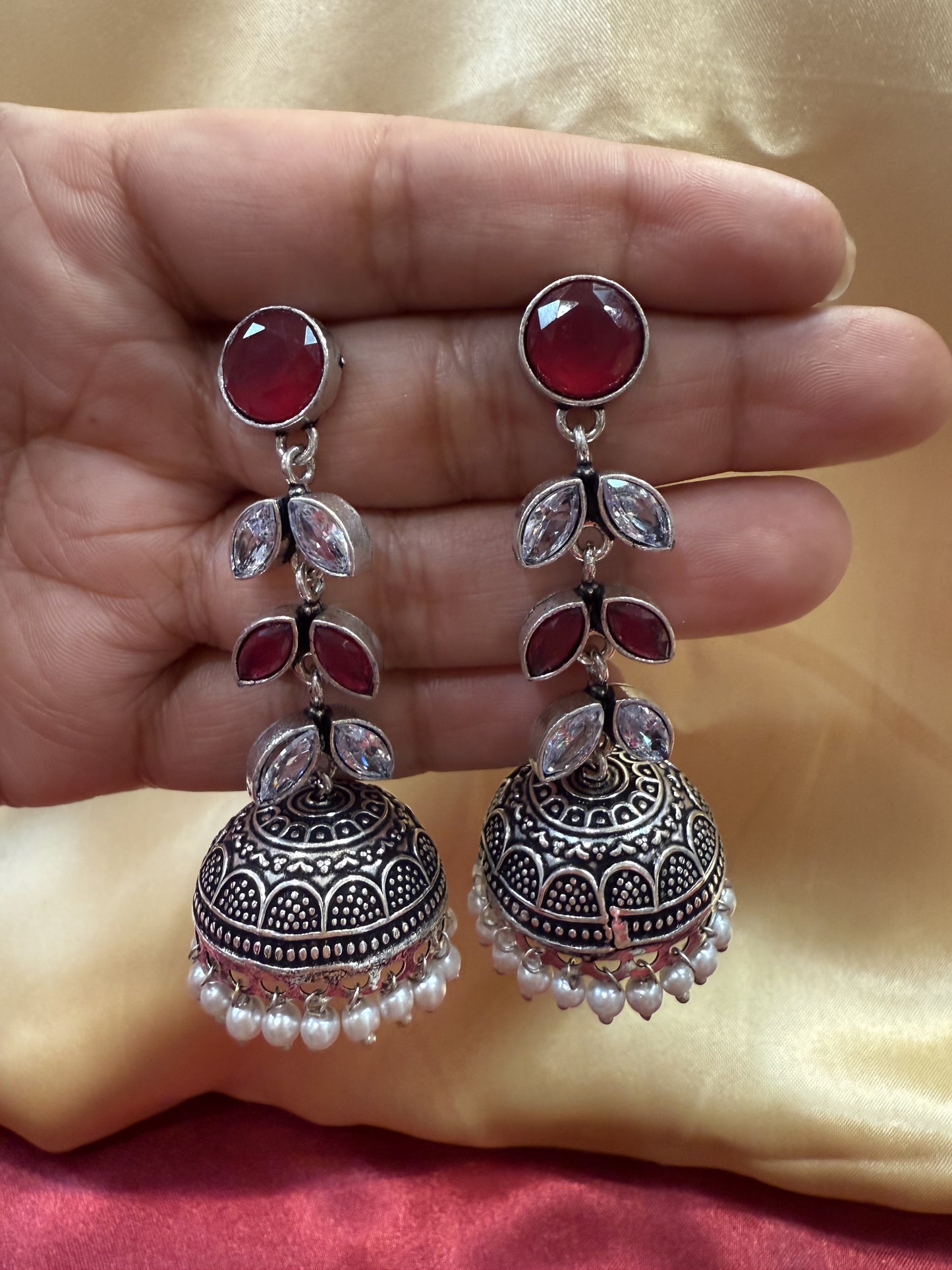 Alluring Beautiful Silver Stone And Maroon Stone Oxidized Jhumka Earrings For Women