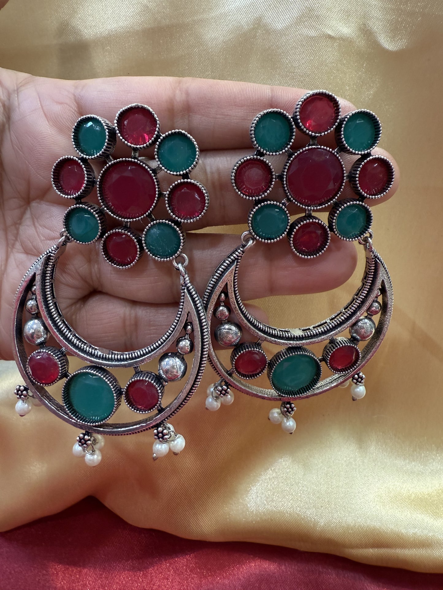 Alluring  Green And Magenta Stone multicolor  Designer Oxidized Earrings For Women