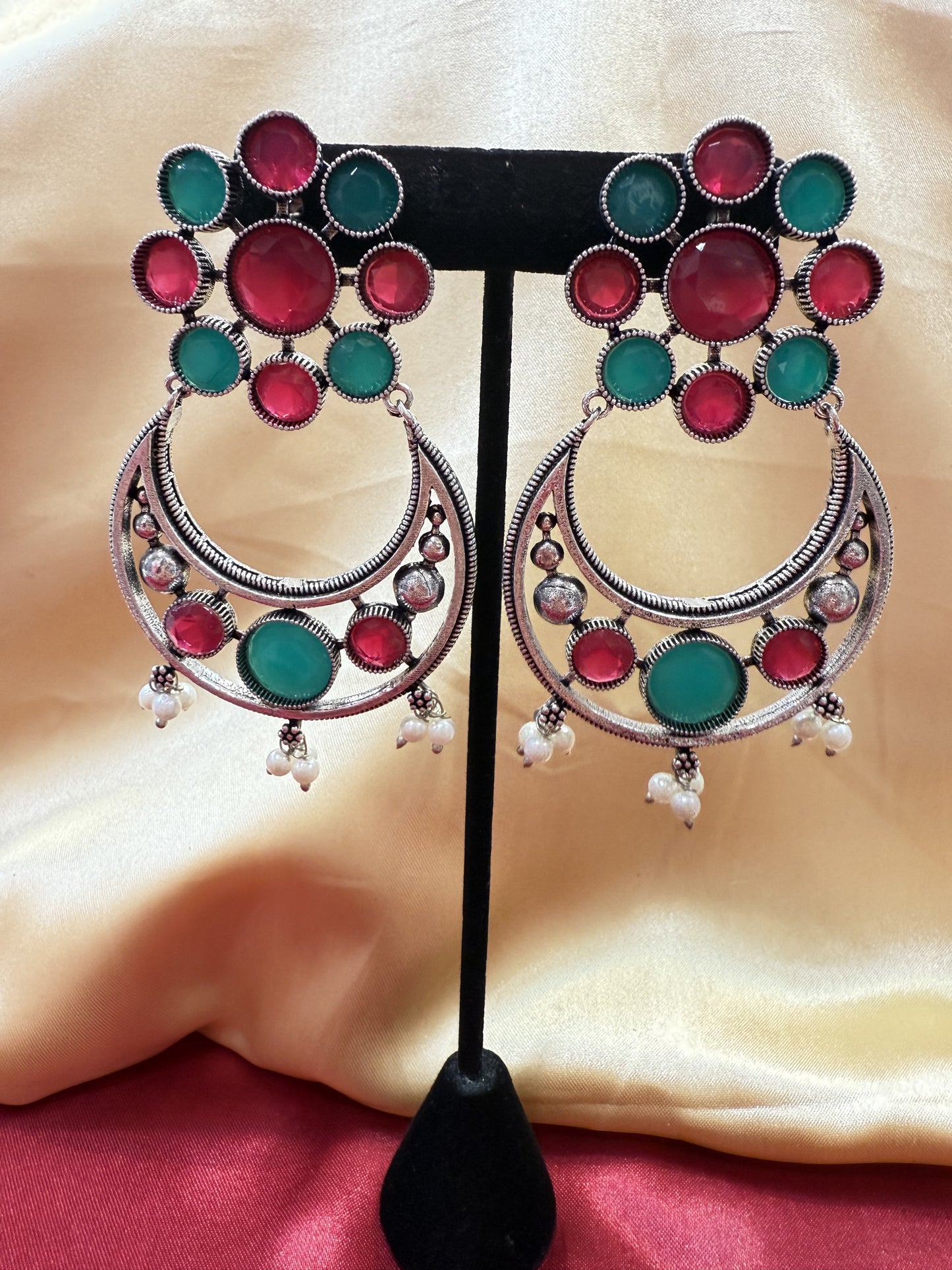 Alluring  Green And Magenta Stone multicolor  Designer Oxidized Earrings For Women