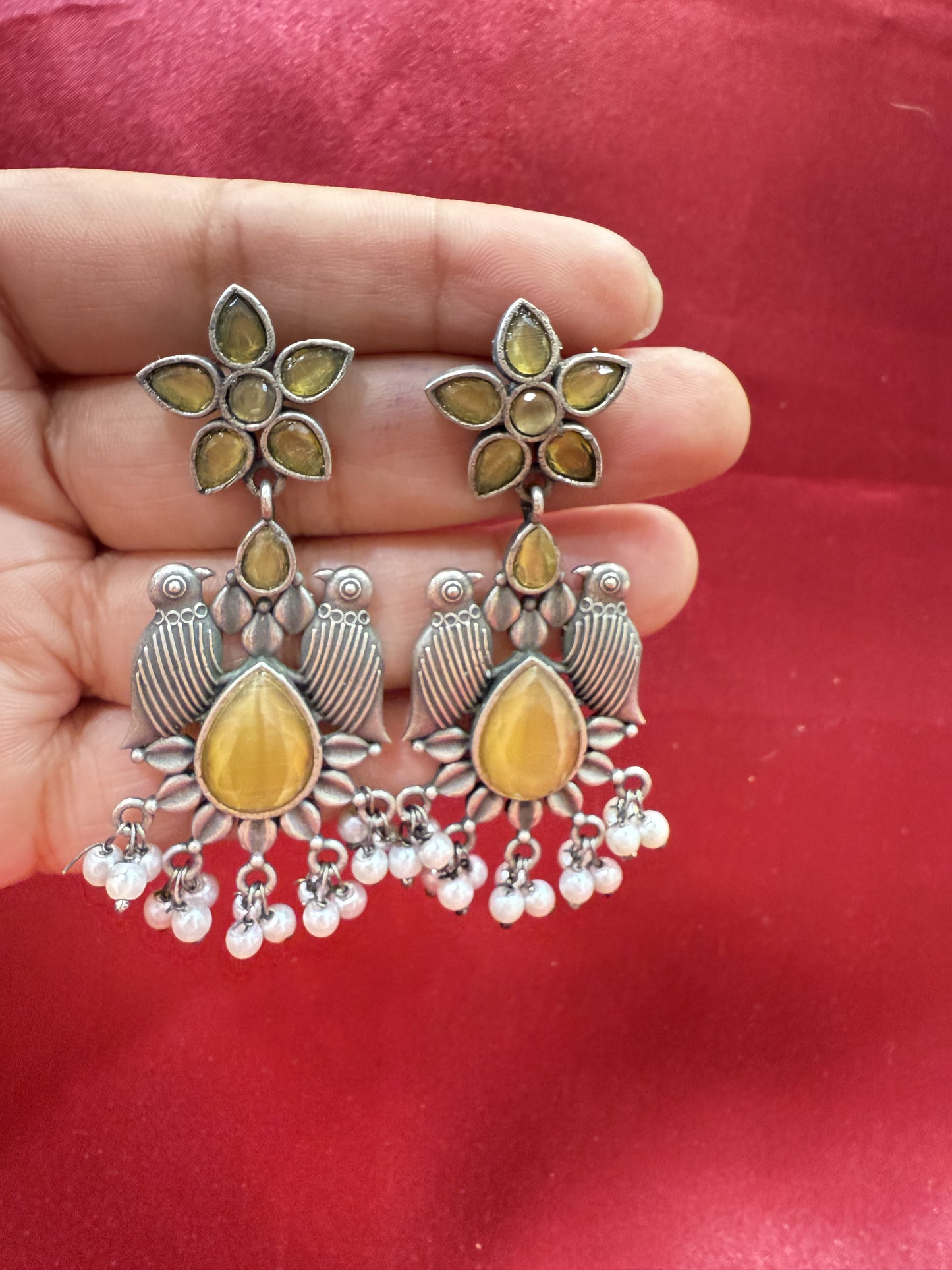 Appealing Oxidized Yellow Stone And Beaded Work Bird Designs Earrings For Women