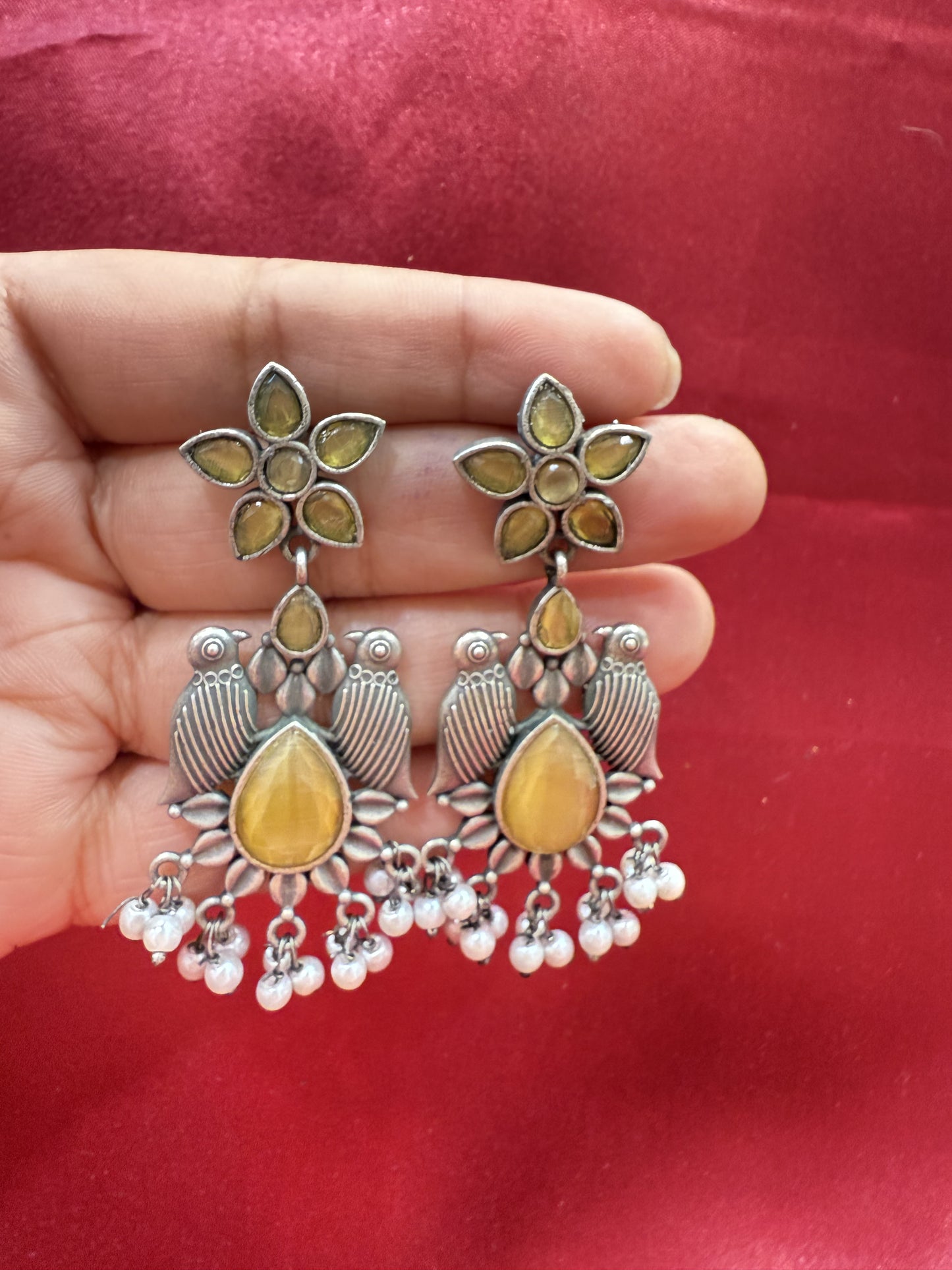 Appealing Oxidized Yellow Stone And Beaded Work Bird Designs Earrings For Women