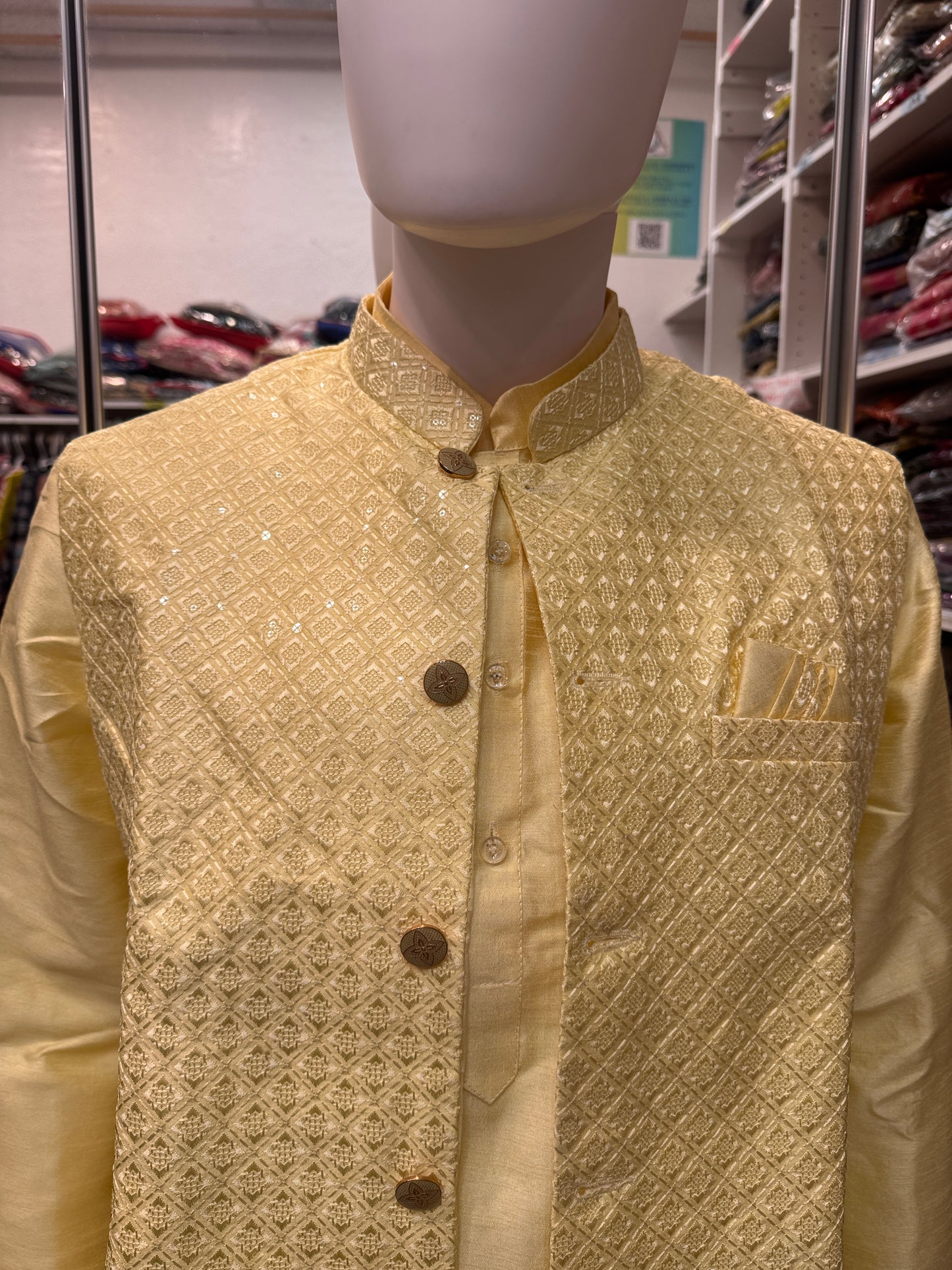 Attractive Yellow Color Heavy Banglori Silk With Embroidery Work Kurta And Pajama With Koti Jacket