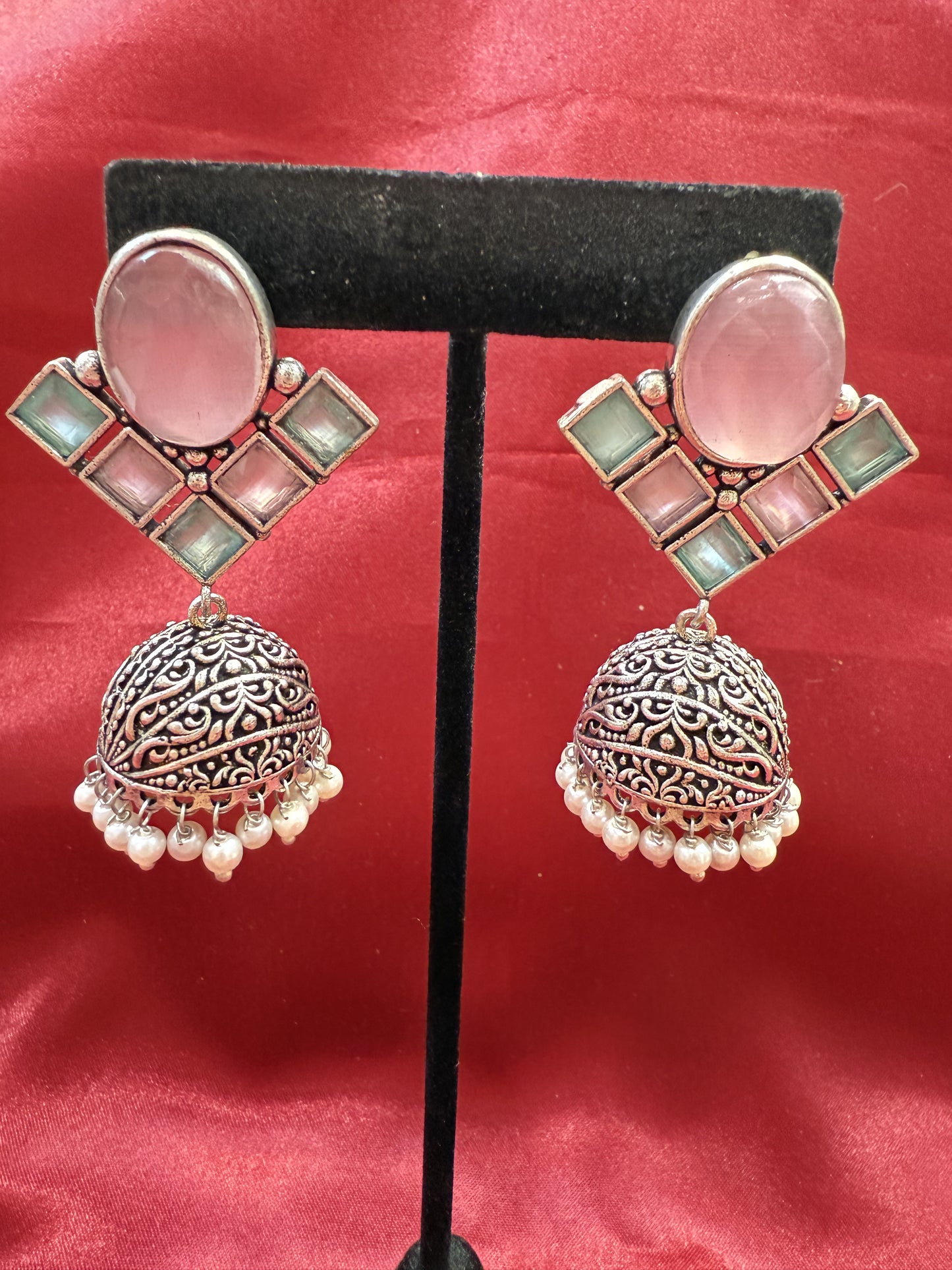 Light Pink And Sky Blue Stone Jhumka  Designer Oxidized Earrings For Women Near Me